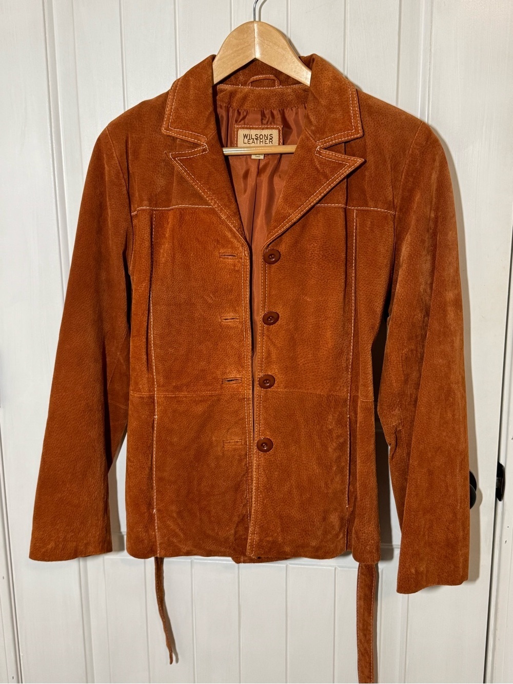 Wilsons Leather Women’s Suede Button-Front Tie Waist Jacket in Burnt Orange